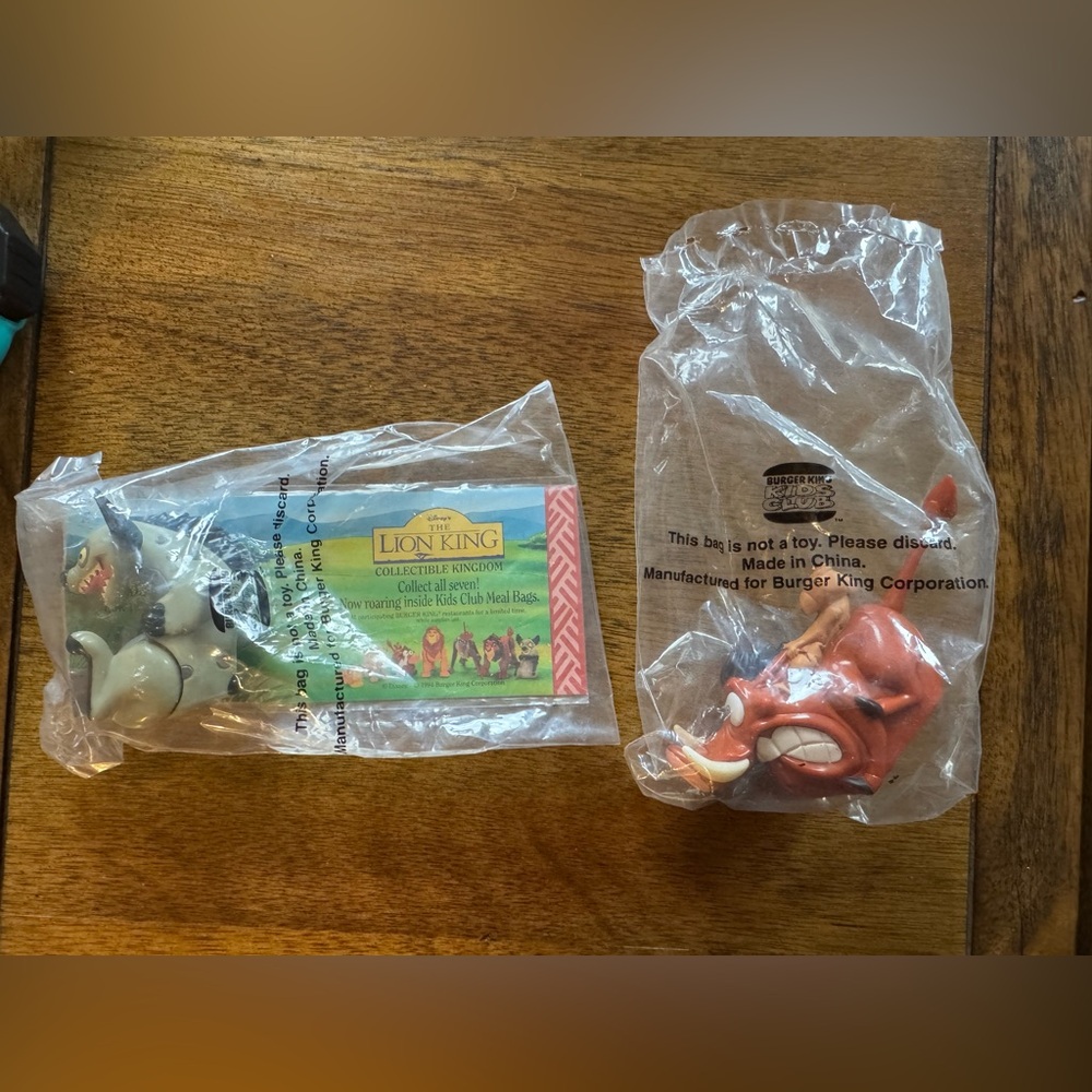 1994 Burger King Lion King Toys Lot of 2 — Hyena Sealed, Pumbaa Bag Open